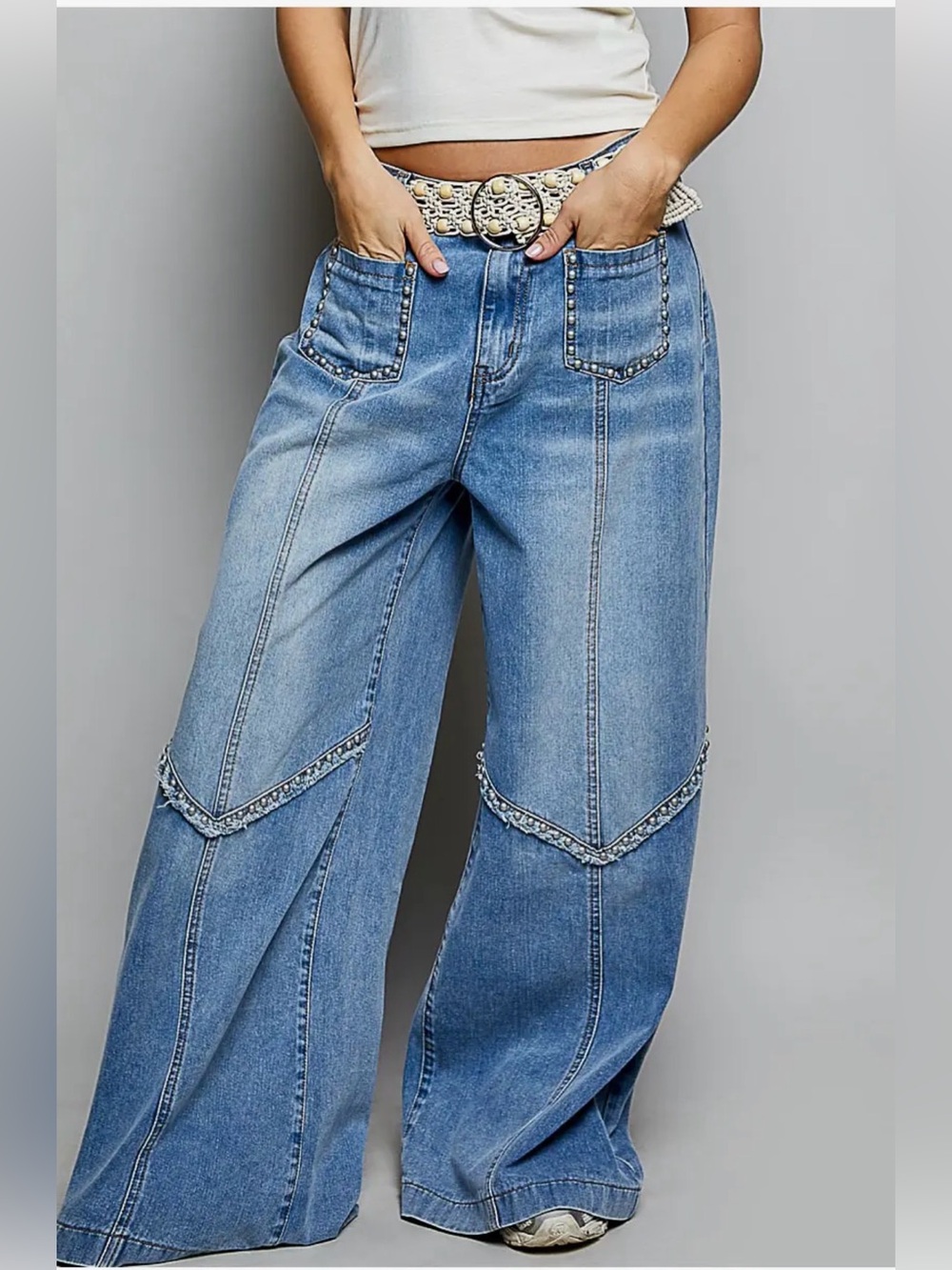 NEW Pol Wide Leg Jeans Vintage Washing Solid Back Elastic Band High Rise - Picture 2 of 7
